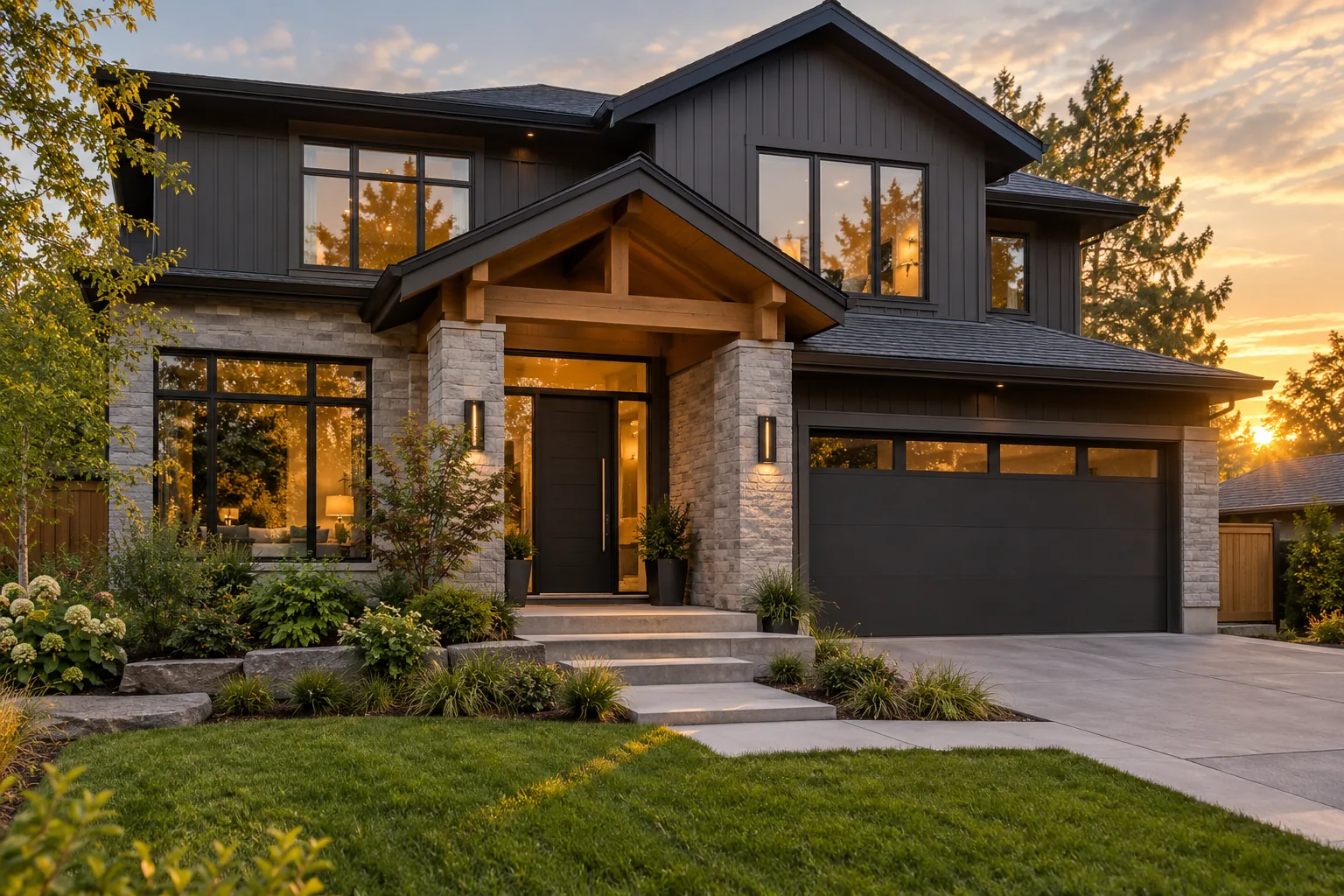 Illustrative modern home with charcoal exterior finishes