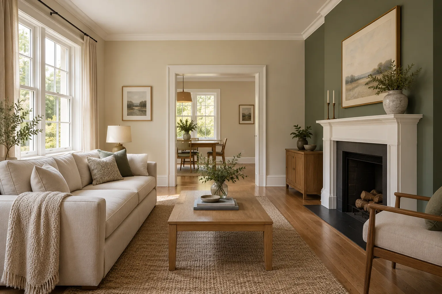 Illustrative living room with freshly painted cream and sage walls